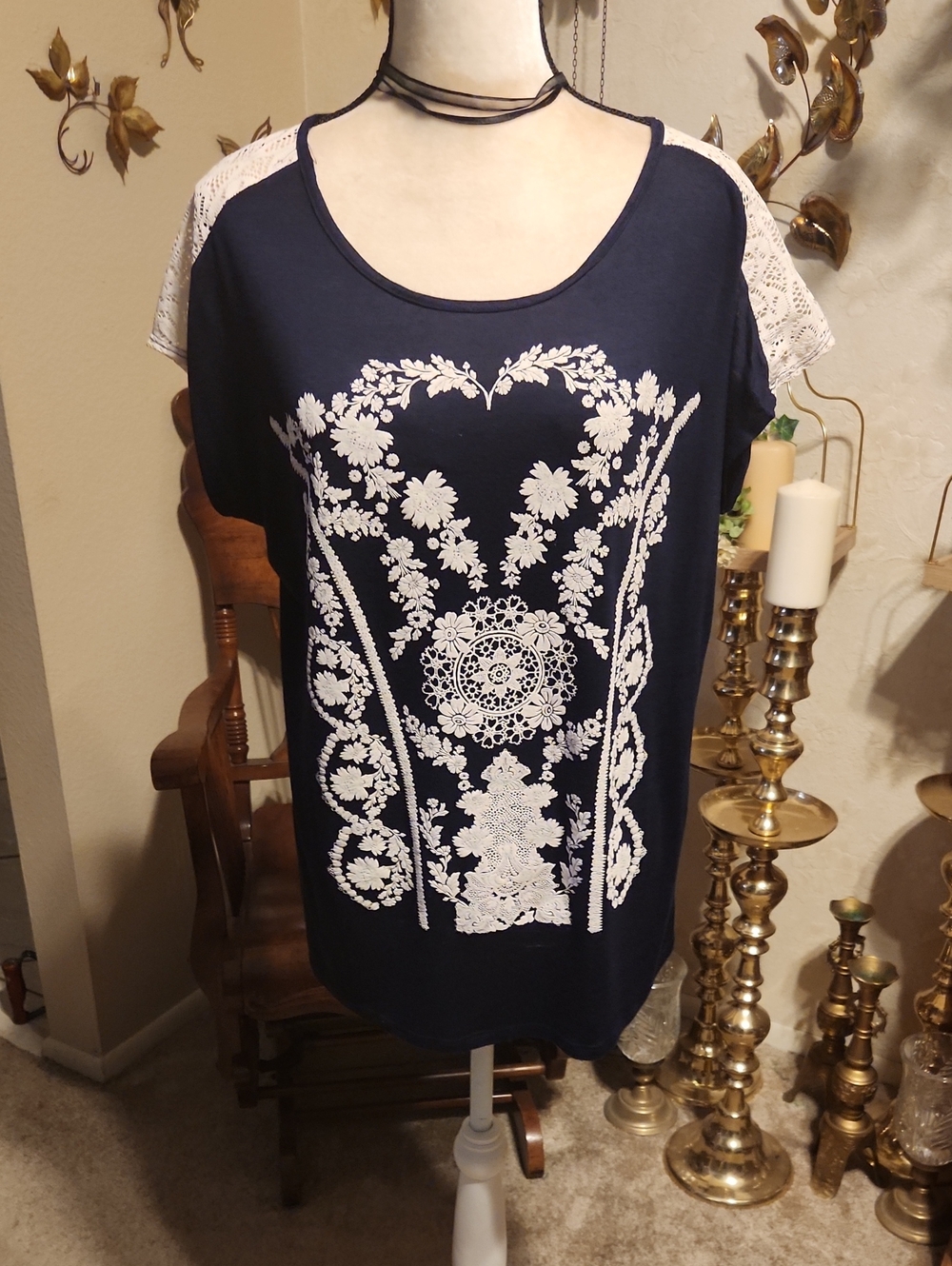 Carol Rose Navy Blue Tee with White Floral Lace-Inspired Front